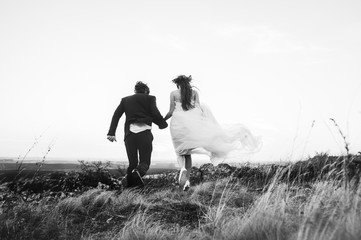 beautiful stylish groom holding fabulous happy emotional bride o