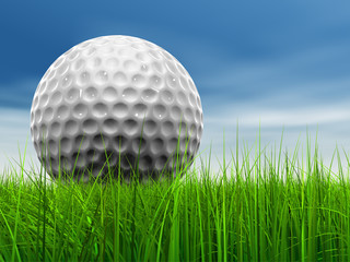 White golf ball in grass and sky