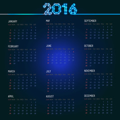 Сalendar grid for 2016, template for you design on dark background.