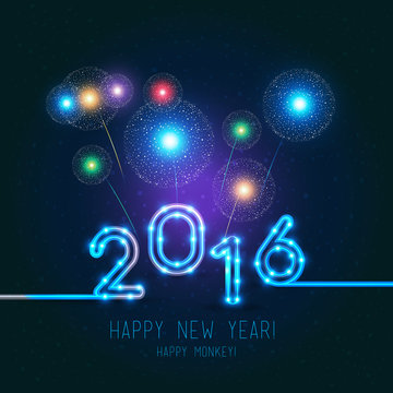 New Year's design. 2016 year of the monkey. Fireworks on dark background, vector neon figures with lights.