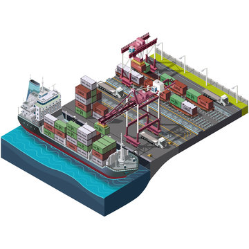 Sea and rail transportation of goods,delivery cargo.Vector set with industrial construction cranes.Loading,unloading of containers.Territory of the port warehouse.Shipping process.3D isometric concept