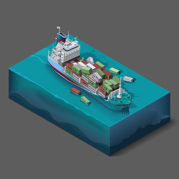Vector icons set elements,the process of immersion, flooding of the ship, barge at sea or ocean at the time of transportation of cargo. The accident at sea