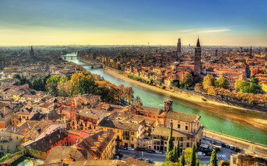 Panorama of Verona in the morning haze - Italy - obrazy, fototapety, plakaty