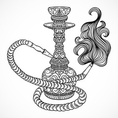 Fototapeta na wymiar Hookah with oriental ornament and smoke.Vintage vector hand drawn illustration