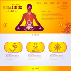 Website Template Yoga lotus position, meditation card with floral henna Mendie design Om Aim namaste yoga studio or for a business card, greeting card vector orange, yellow