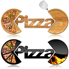 Obrazy na Szkle  Pizza - Dwa symbole z kawałkami pizzy / Dwa symbole z kawałkami pizzy, tekstem Pizza, płomieniami i łopatką. Na białym tle