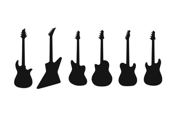A set of silhouettes of various guitars. Bass , electric guitar , acoustic, electroacoustic