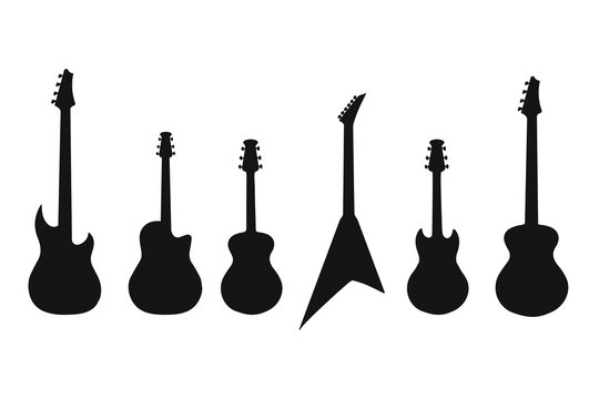 A set of silhouettes of various guitars. Bass , electric guitar , acoustic, electroacoustic