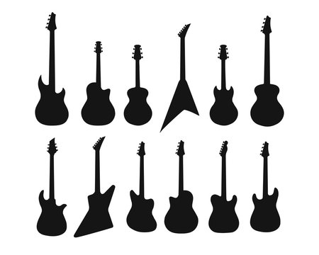 A set of silhouettes of various guitars. Bass , electric guitar , acoustic, electroacoustic