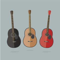 three colorful acoustic guitars in a flat cartoon style