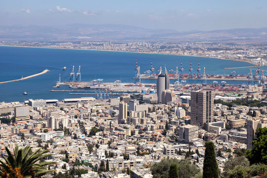 View from Mount Carmel to port and Haifa in Israel.