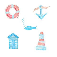 Lifebuoy, anchor, fish, beach changing room and lighthouse drawi