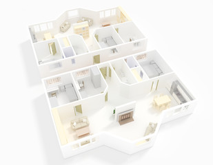 3d interior rendering of double roofless furnished apartment with white walls surrounding