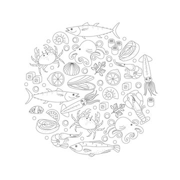 Elements of sea food in a circle shape.