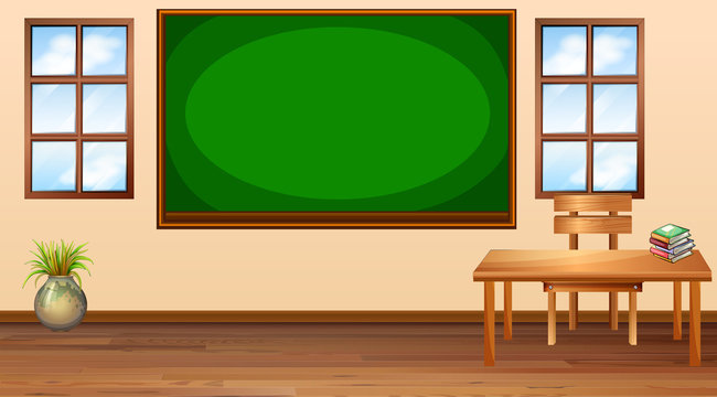 Classroom with blackboard at center