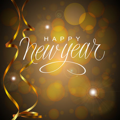 Happy New Year Vector Illustration. Hand Lettered Text on a Golden & Black Background.