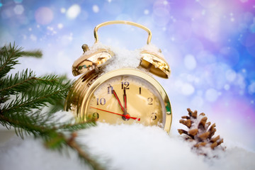 Christmas background with clock in  snow  with fir tree