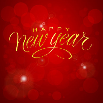 Happy New Year Vector Illustration. Golden Hand Lettered Text on a Red Background.