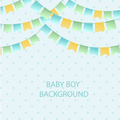 Cute vintage textile blue green and yellow bunting flags for boys baby shower background. Cute flag garlands on polka dot background