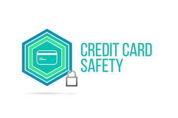 Credit card safety concept image with pentagon shield and lock illustration and icon inside