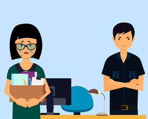 Fototapeta premium Dismissed. Sad woman and angry boss in office. Vector illustration