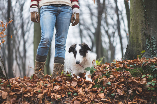 Young woman posing outdoor with her dog in the forest