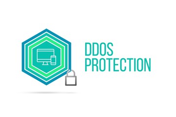 DDos Protection concept image with pentagon shield and lock illustration and icon inside