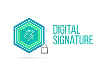 Digital signature concept image with pentagon shield and lock illustration and fingerprint icon inside