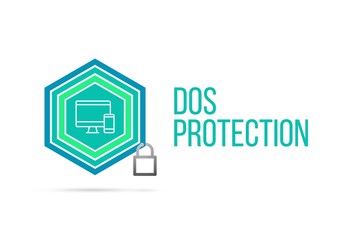 Dos Protection concept image with pentagon shield and lock illustration and icon inside