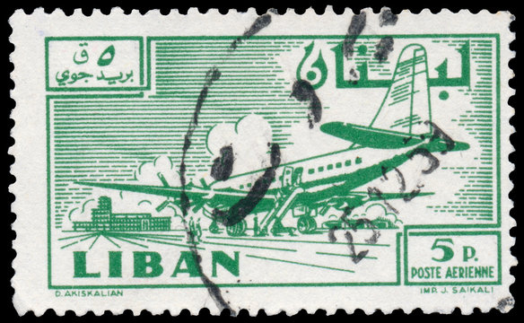 Stamp printed in Lebanon shows Douglas DC-6B plane