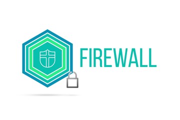 Firewall concept image with pentagon shield and lock illustration and shield icon inside