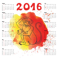 Calendar 2016.Chinese zodiac monkey.Watercolor splash