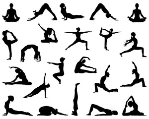 Black silhouettes of girls who practice yoga, vector