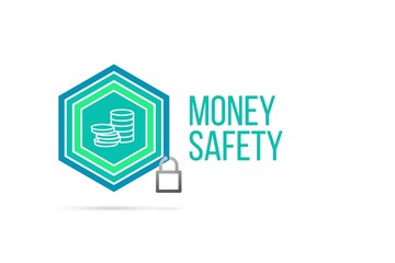 Money safety concept image with pentagon shield and lock illustration and coins icon inside