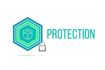 Protection concept image with pentagon shield seal and lock illustration and icon inside