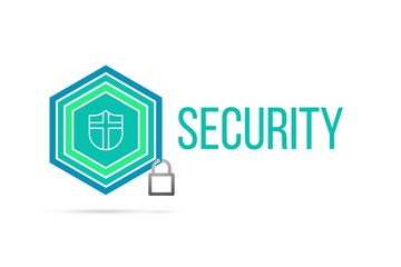 Security concept image with pentagon shield seal and lock illustration and icon inside