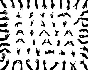 Black silhouettes of various positions of hands, vector
