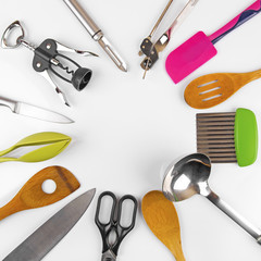 top view of kitchen utensils with blank space in the middle - obrazy, fototapety, plakaty