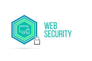 Web Security concept image with pentagon shield seal and lock illustration and icon inside