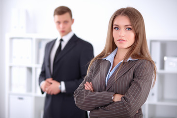 Fototapeta premium Face of beautiful business woman on the background of business people