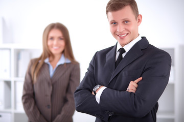 Face of beautiful businessman on the background of business people