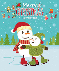 Vintage Christmas poster design with snowman
