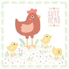 Cute light brown hen with baby chickens vector background and card