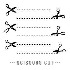 Scissors cut on the dotted line. Black scissors. Scissors cutting vector set. - obrazy, fototapety, plakaty