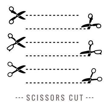 Scissors cut on the dotted line. Black scissors. Scissors cutting vector set.