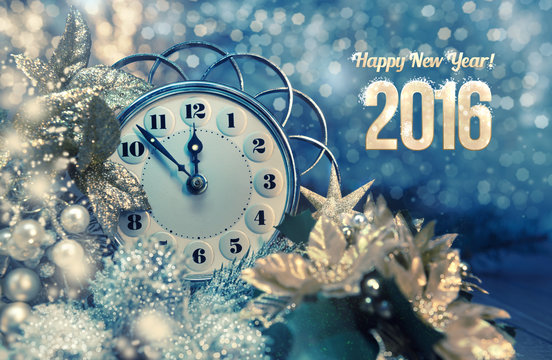 Greeting card "Happy New Year 2016!" with vintage clock