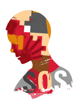  SOS Violence.
Human head  silhouette with hand print on the face symbolizing violence in the world. Vector available.
