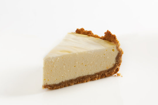 Slice of cheesecake on a white background