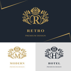 Monogram design elements, graceful template. Calligraphic elegant line art logo design. Letter emblem sign R, M, H for Royalty, business card, Boutique, Hotel, Heraldic, Jewelry. Vector illustration
