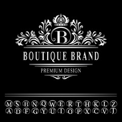 Monogram design elements, graceful template. Elegant line art logo design. Business silver emblem letter B for Restaurant, Royalty, Boutique, Cafe, Hotel, Heraldic, Jewelry, Fashion. Vector